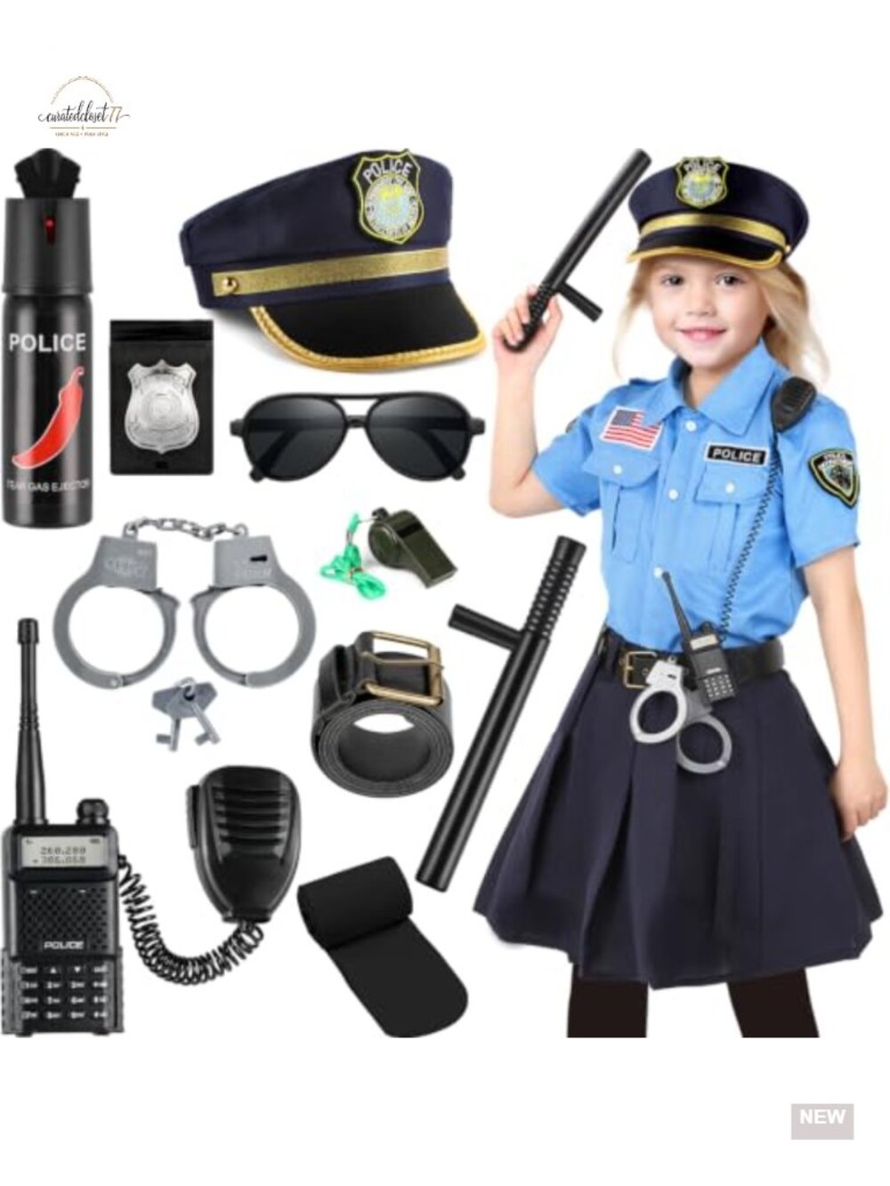 Girls Police Officer Costume Set Polyester Dress Up Halloween Pretend Play
